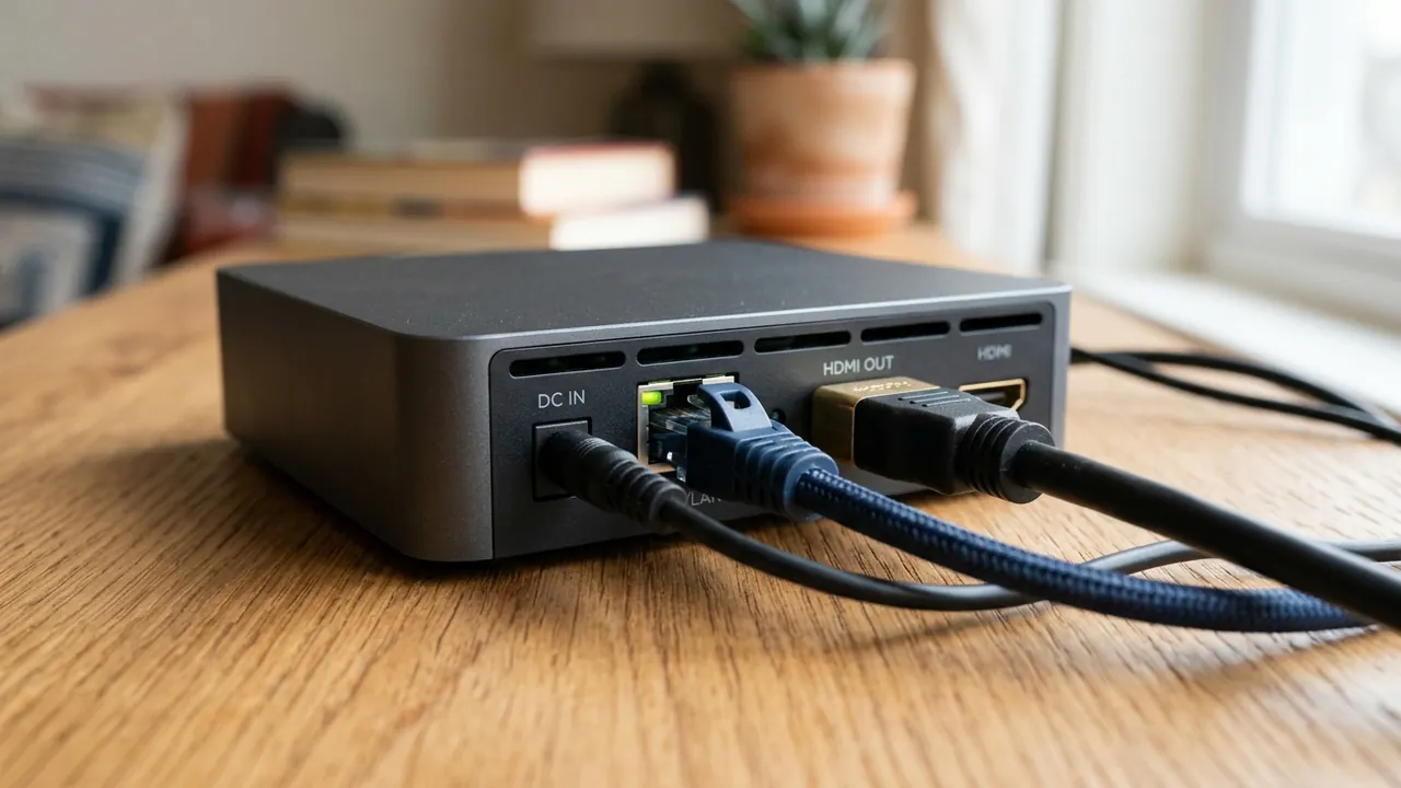 Close-up of power, HDMI, and Ethernet cables connected to a streaming box