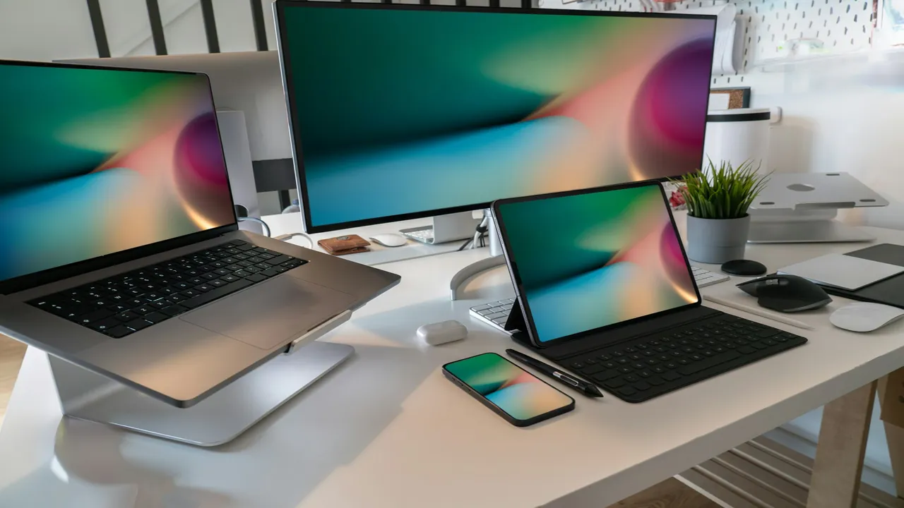 Smartphone, tablet, and remote arranged neatly on a coffee table
