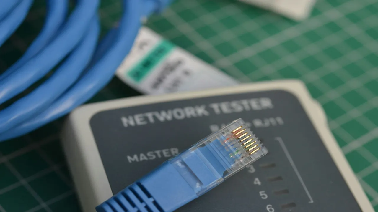 Close-up of a gold-plated Ethernet connector held above a network port