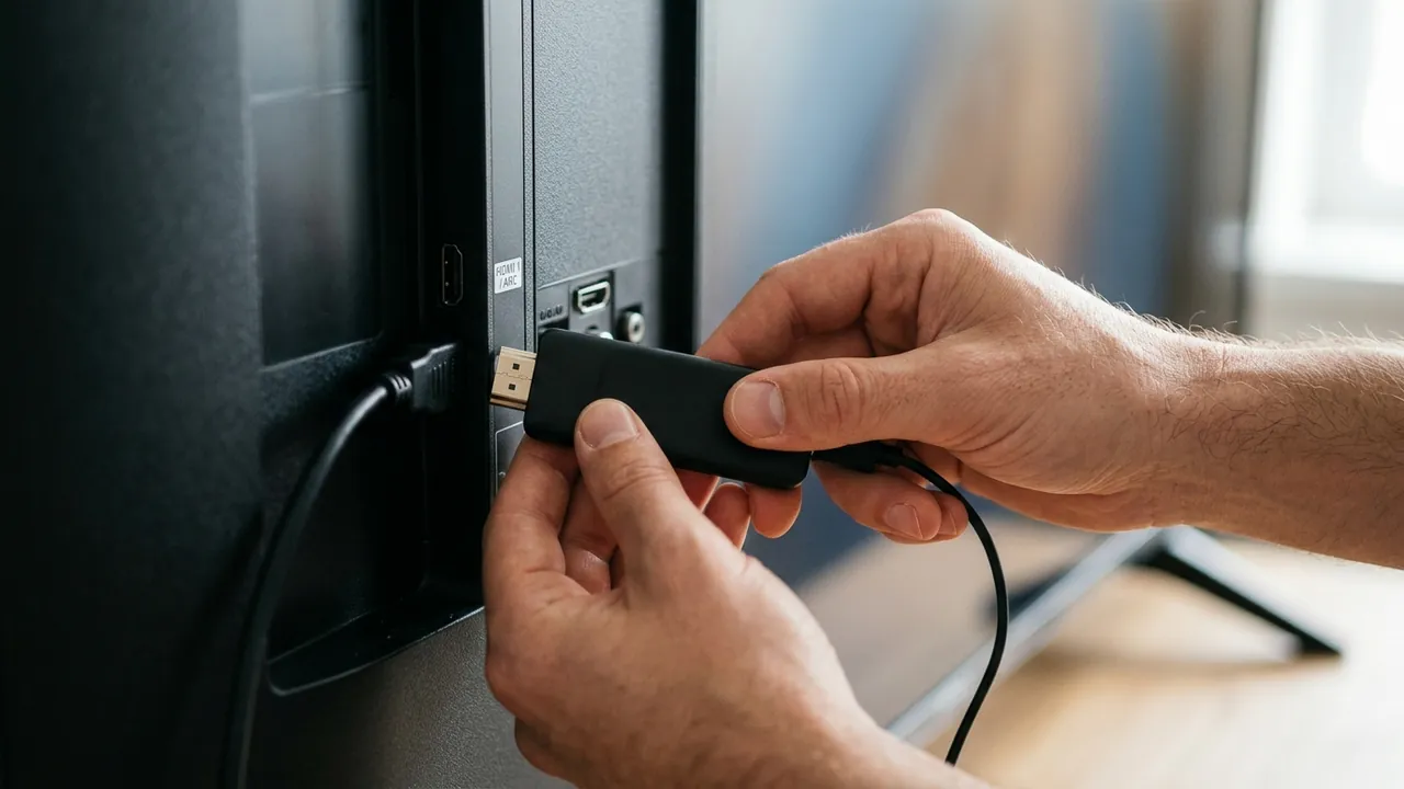 Close-up of a hand inserting an HDMI streaming stick into a television port