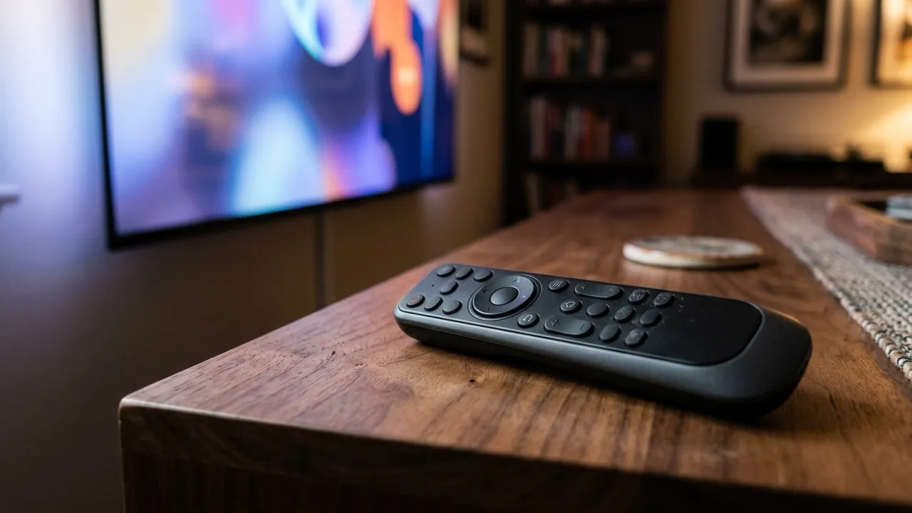 Close-up of an ergonomic remote control beside a media console