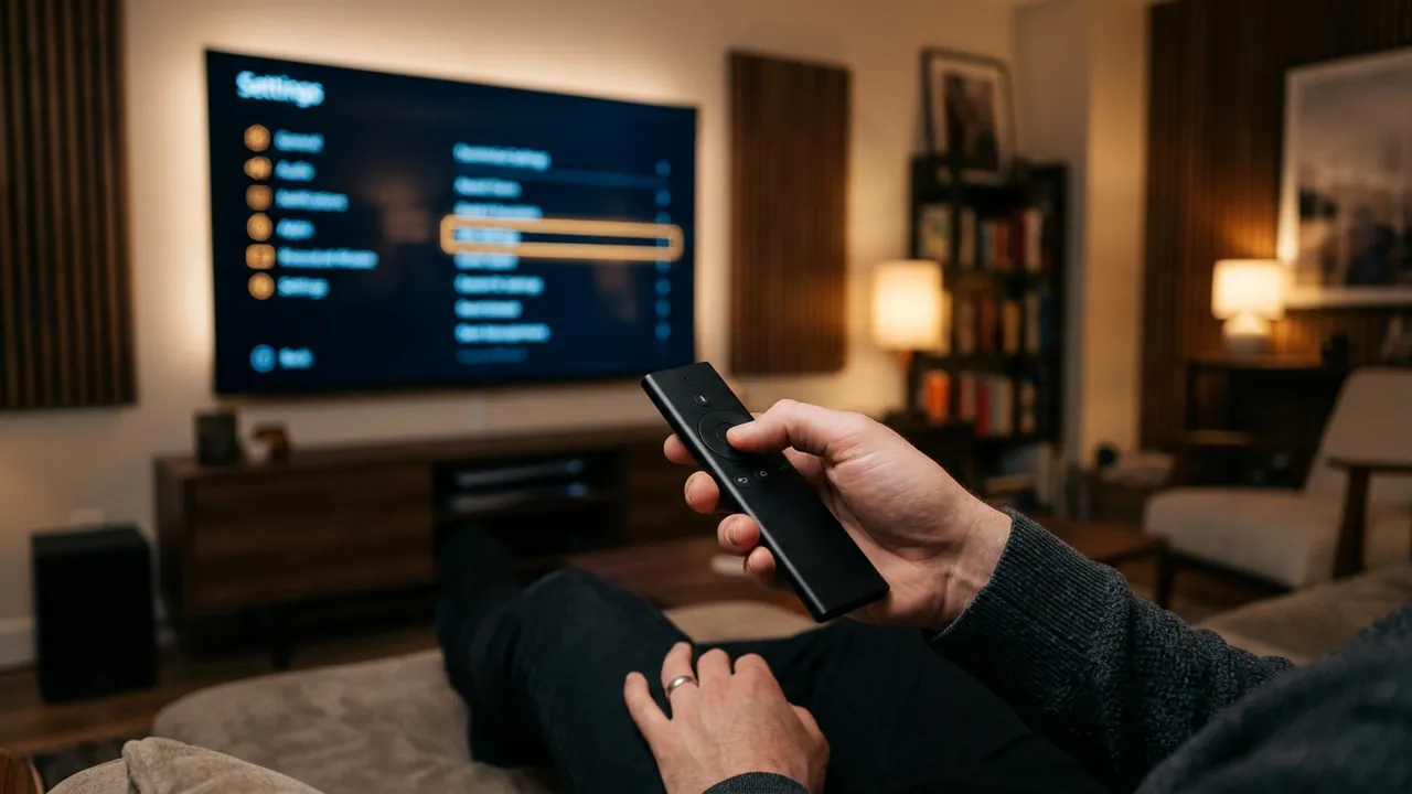 Hand using a slim television remote pointing toward a softly blurred screen