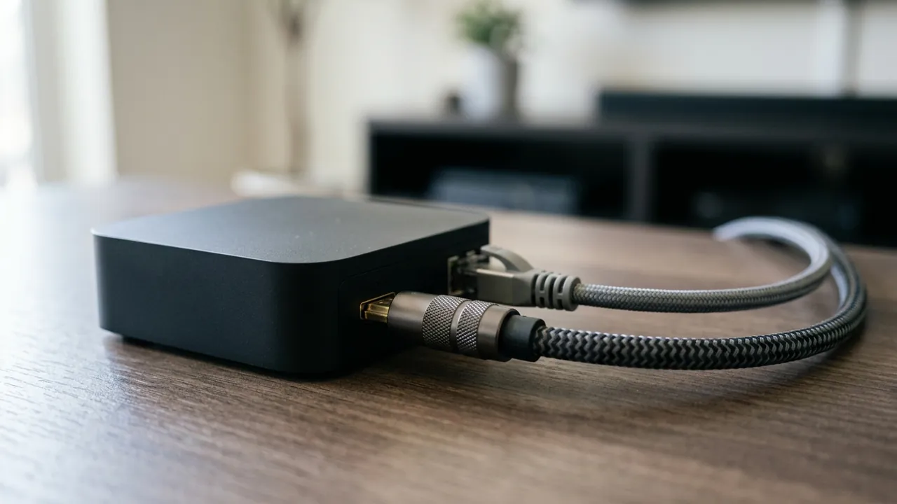 Detailed close-up of a streaming box connected by braided cables