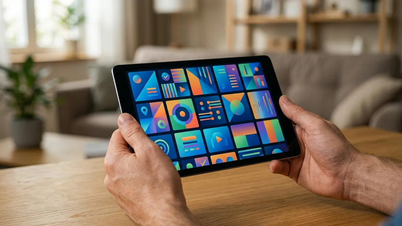 Hands interacting with a media player interface on a tablet screen