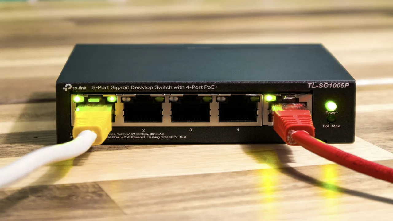 Close-up of a router with connected Ethernet cables for stable streaming